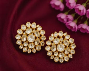 Handcrafted Gold-Plated Polki Crystal Stud Earrings, Indian Bridal Jewelry