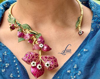 Reine Silber 22k Vergoldete Halskette | Floral Sterling Silber Halskette | Emaille Choker | Sabyasachi Schmuck | Personalisierte Hochzeitsschmuck