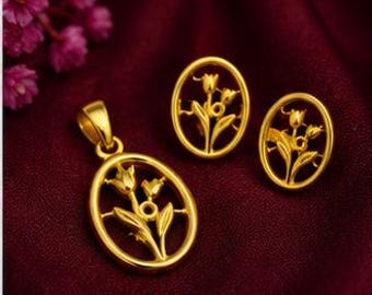 Silver Tulip Pendant Necklace Set, Gold Plated Floral Jewelry, Handmade Customizable Gift