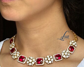 22k Vergoldetes Reines Silber Set Kundengerechte Brautsatz, Rani Ruby Polki Halskette, Rubin Moissanite Set mit Ohrringen, Sabyasachi Schmuck
