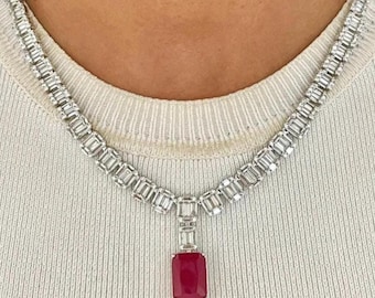 Pure Silver Emerald Cut CZ Necklace with Ruby Drop | Handmade Elegant Choker | Bridal & Party Jewelry | CZ Necklace and earrings set