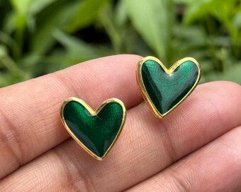 22K Vergoldete Ohrringe | Reines Silber Grün koreanisches Herz Ohrstecker |  | Emaille Ohrringe | Minimalistischer Schmuck | Jaipur Schmuck |