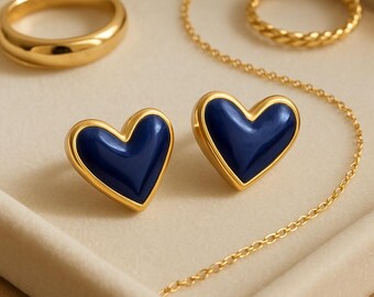 22K Vergoldete Ohrringe | Reine Silber Blau koreanische Herz Ohrstecker |  | Emaille Ohrringe | Minimalistischer Schmuck | Jaipur Schmuck |