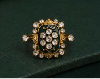 Handmade Meenakari Dual Finger Ring | Gold Plated Sterling Silver Statement Cocktail Band
