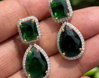 925 Sterling Silber Ohrringe, Smaragd Anmut handgemachte Ohrringe mit Edelstein und Diamant, traditioneller Schmuck, Frauen Jhumka