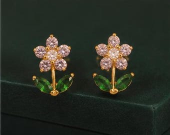 Sterling Silver Flower Stud Earrings | Gold Plated, Cubic Zirconia, Green Leaf Accents