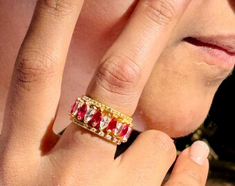 Rubin Dual Band Ring | Ehering | Stapelbare Schmuck | Personalisierbar |Vergoldeter Statement Ring| Cocktail Ring|Vintage Stil| Geschenk für sie