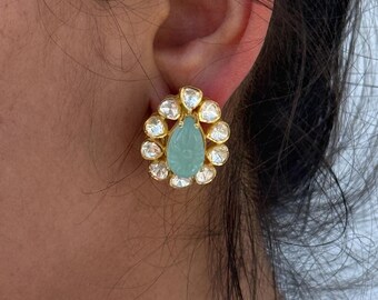 925 Sterling Reine Silber Celeste Grün Polki Ohrringe | Jhumka für Frauen | Trachtenschmuck | Personalisierbar Ohrstecker