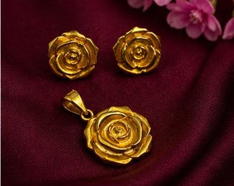 Silver Rose Pendant Necklace Set with Earrings, Gold Plated Floral Jewelry, Minimalist Gift for Her