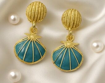 22k Vergoldete Ohrringe | 925 Reinsilber Handgefertigte Azurblaue Muschel Ohrringe | Emaille Ohrringe | Jaipur Schmuck | Handwerker Silber Ohrringe