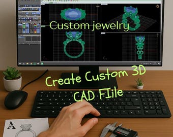 Pode incluir: Um monitor de computador exibe um arquivo CAD 3D de um design de joia personalizado. A tela mostra um design de anel em verde e azul. O texto "Custom jewelry" e "Create Custom 3D CAD File" também são visíveis. Uma mão está perto de um teclado e de um paquímetro.