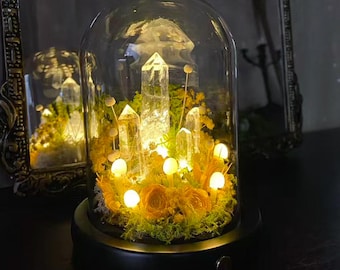 Fantasy Natural Clear Quartz Crystal Lamp, Handmade Enchanted Mushroom Night Light with Glowing Crystal Tower,Gift for Her, Magic Home Decor