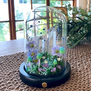 Pu&ograve; includere: Un terrario a cupola di vetro con un giardino in miniatura con fiori viola, funghi verdi e formazioni di cristalli trasparenti. Il terrario &egrave; posto su una base nera con un bottone dorato. La cupola trasparente offre una visione completa dell'interno.