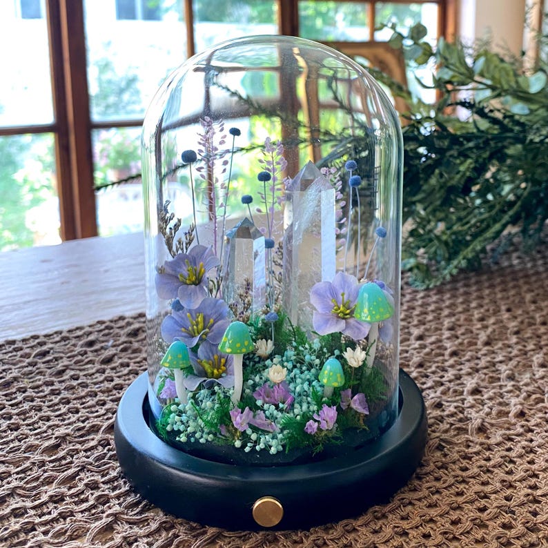 Pu&ograve; includere: Un terrario a cupola di vetro con un giardino in miniatura con fiori viola, funghi verdi e formazioni di cristalli trasparenti. Il terrario &egrave; posto su una base nera con un bottone dorato. La cupola trasparente offre una visione completa dell'interno.