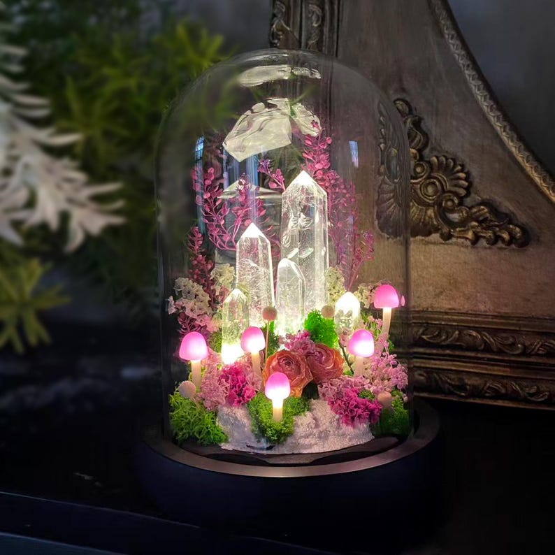 Naturlig klar kvartskristalllampa, förtrollad rosa skogslampa, svampnattlampa med glödande kristalltorn, present till älskare, heminredning bild 2