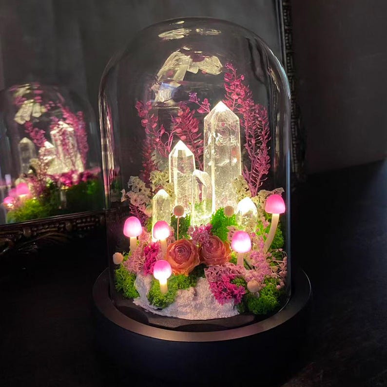 Naturlig klar kvartskristalllampa, förtrollad rosa skogslampa, svampnattlampa med glödande kristalltorn, present till älskare, heminredning bild 9
