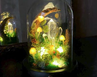 Glowing Crystal Pillars Night Light with Crescent Moon,Enchanted Forest Mushroom Lamp,Elegant Home Decor,Ambient Light,Handmade Unique Gift