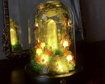 Fairy Tale Citrine Crystal Night Light, Enchanted Mushroom Lamp with Floral Wreath & Yellow Crystal, Ambient Light, Home Decor, Unique Gift