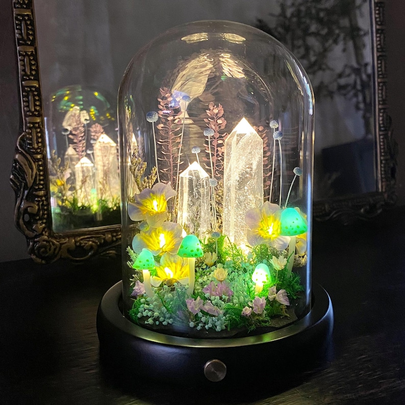 Pu&ograve; includere: Una cupola di vetro decorativa con base nera, che ospita un giardino in miniatura illuminato. Il giardino presenta funghi luminosi, cristalli e fiori. La cupola si riflette in uno specchio ornato nelle vicinanze, creando un'atmosfera magica.