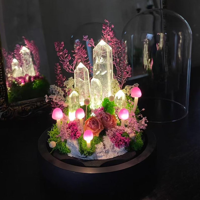 Naturlig klar kvartskristalllampa, förtrollad rosa skogslampa, svampnattlampa med glödande kristalltorn, present till älskare, heminredning bild 3