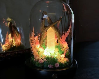 Rose Quartz Crystal Night Light, Enchanted Forest Lamp with Glowing Pink Crystal Tower,Fantasy Mushroom Lamp,Elegant Home Decor,Unique Gift