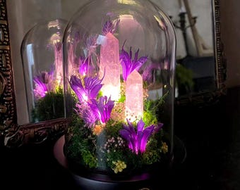 Enchanted Amethyst Crystal Night Light, Fantasy Purple Flower Lamp with Glowing Crystal Tower,Handmade Table Lamp, Home Decor,Gift for Lover
