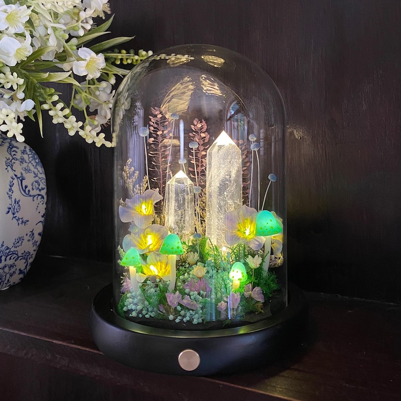 Pu&ograve; includere: Una cupola decorativa in vetro con base nera, con cristalli illuminati, funghi luminosi ed elementi floreali. La cupola &egrave; illuminata dall'interno, creando un'atmosfera magica. La composizione comprende varie piante e fiori.