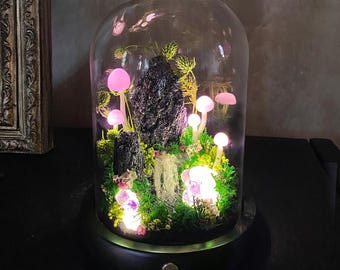 Rainbow Carborundum Crystal Night Light, Mystical Mushroom Lamp with Waterfall,Handmade Miniature Landscape Terrarium Home Decor,Unique Gift