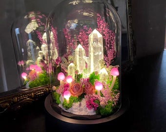 Natural Clear Quartz Crystal Lamp, Enchanted Pink Forest Lamp, Mushroom Night Light with Glowing Crystal Tower, Gift for Lover, Home Decor