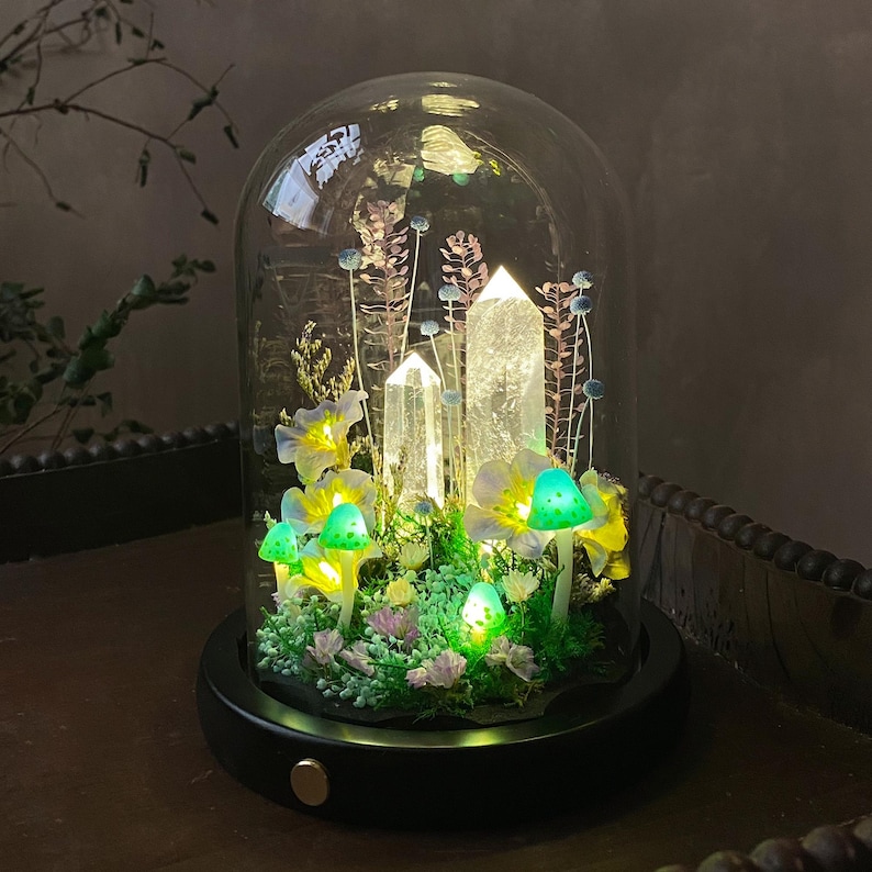 Pu&ograve; includere: Un terrario decorativo a cupola di vetro con cristalli illuminati, funghi luminosi e fiori delicati. La base nera sostiene una cupola trasparente, creando un'estetica fiabesca e stravagante. I cristalli sono trasparenti e i funghi hanno cappelli verdi.