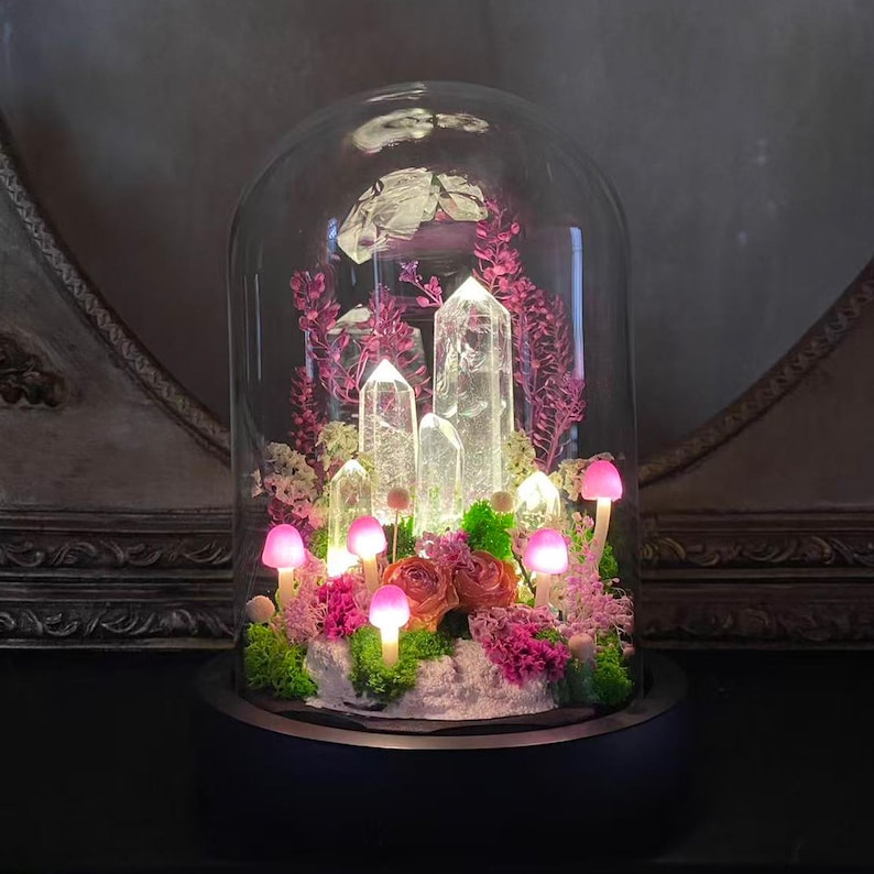 Naturlig klar kvartskristalllampa, förtrollad rosa skogslampa, svampnattlampa med glödande kristalltorn, present till älskare, heminredning bild 5