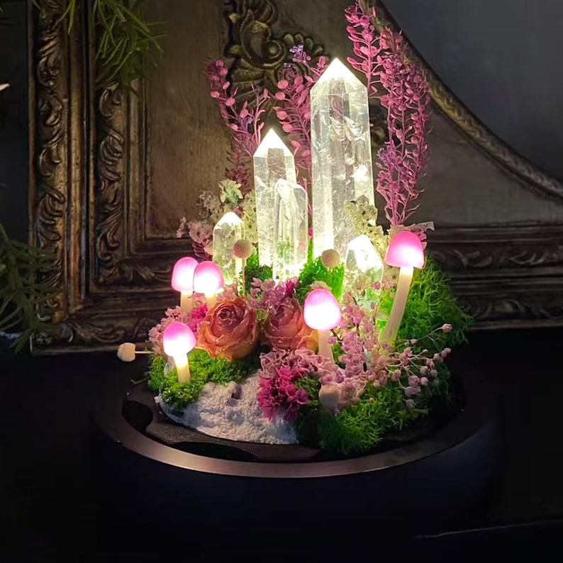 Naturlig klar kvartskristalllampa, förtrollad rosa skogslampa, svampnattlampa med glödande kristalltorn, present till älskare, heminredning bild 8