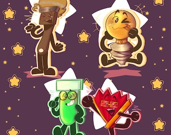 May include: A digital illustration featuring four anthropomorphic characters against a dark purple background with yellow stars. The characters include a brown paintbrush, a yellow lightbulb, a green test tube, and a red folding fan.