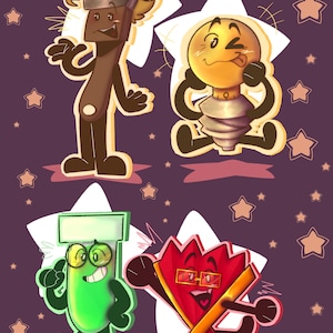 May include: A digital illustration featuring four cartoon characters with star-shaped backgrounds. The characters include a brown brush, a yellow lightbulb, a green pill, and a red heart, all with expressive faces and poses, set against a purple background with scattered stars.