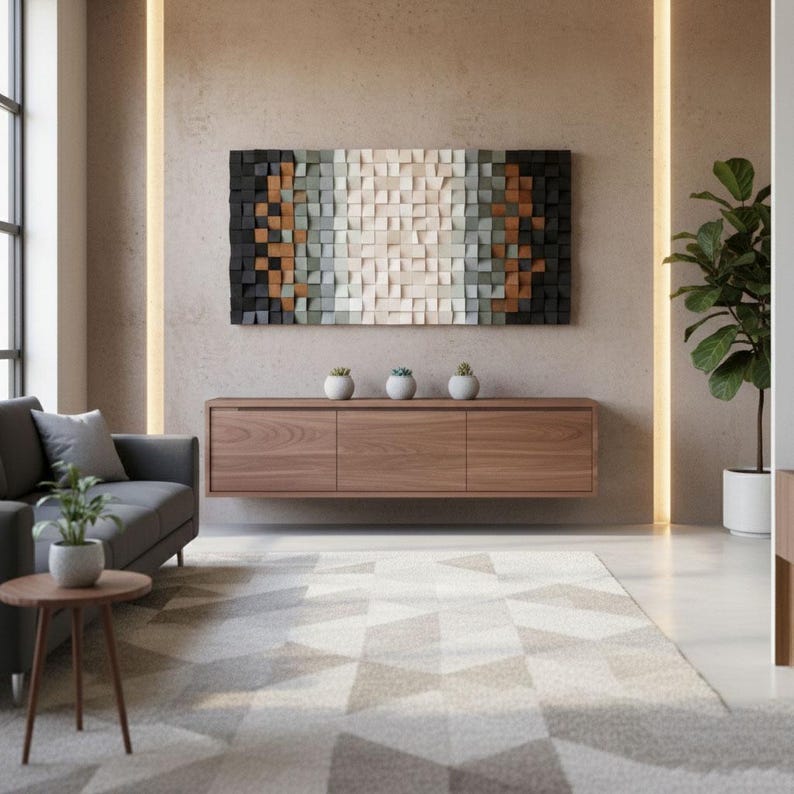 Handmade 3D Wood Mosaic Wall Art | Geometric Panel Decor - Etsy