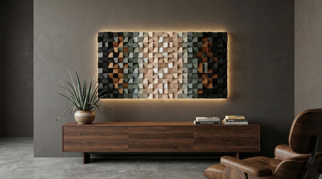 Handmade 3D Wood Mosaic Wall Art | Geometric Panel Decor - Etsy