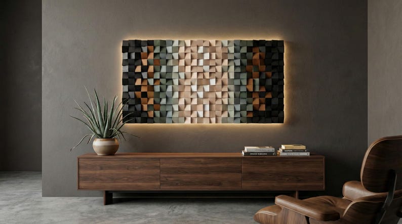 Handmade 3D Wood Mosaic Wall Art | Geometric Panel Decor - Etsy