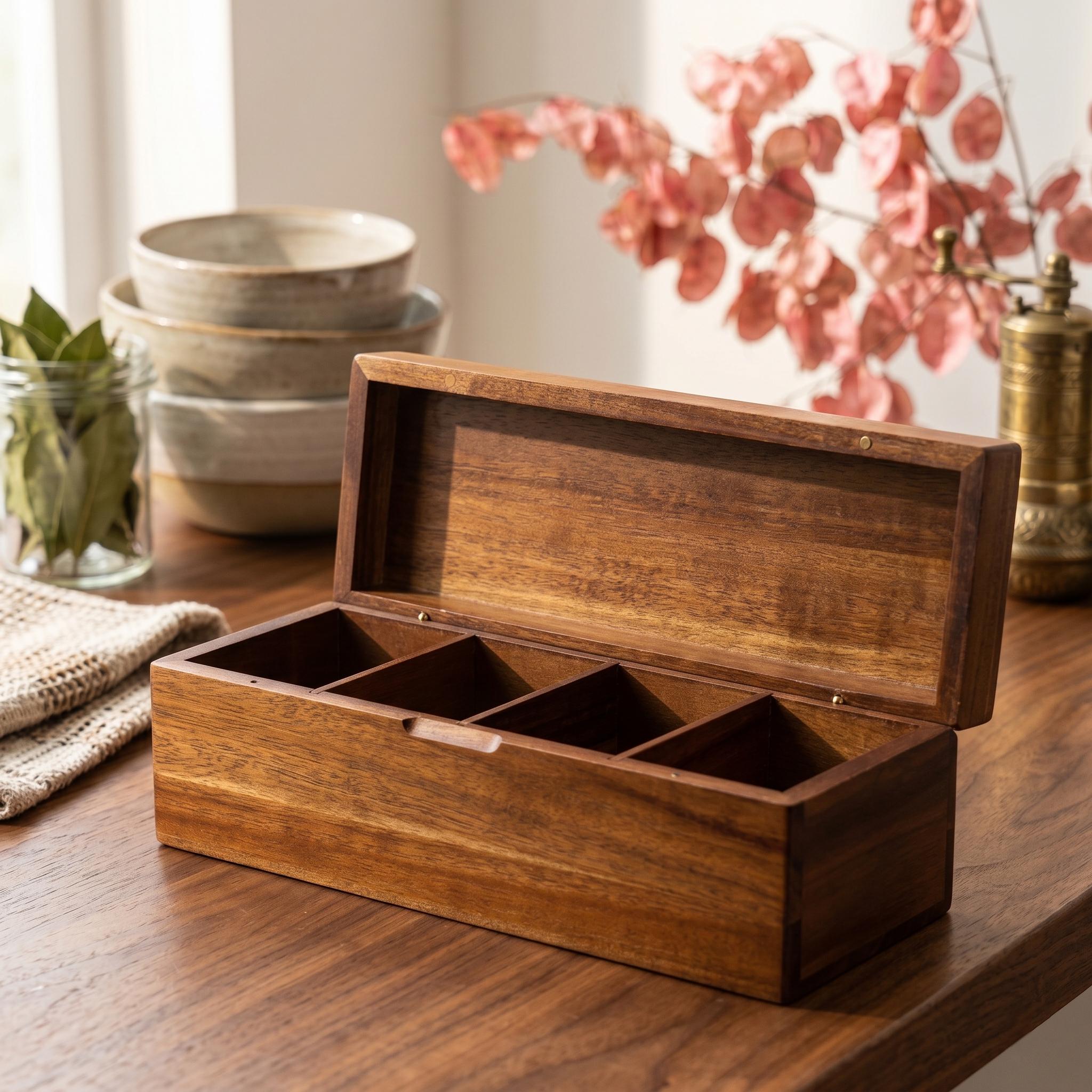 Handmade Acacia Wood Tea Box Organizer – Slim 4 Compartment Tea Bag ...