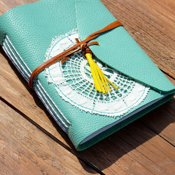 Handmade Leather Journal (mini) in thick mint leather, dainty vintage doily, & handmade yellow leather petite tassel