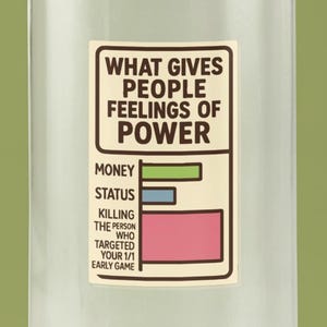 May include: A rectangular sticker featuring a bar chart titled WHAT GIVES PEOPLE FEELINGS OF POWER. The chart lists MONEY with a green bar, STATUS with a blue bar, and KILLING THE PERSON WHO TARGETED YOUR 1/1 EARLY GAME with a large pink bar.