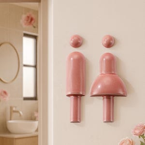 Pode incluir: Sinais de casa de banho cor-de-rosa, representando uma figura masculina e uma feminina, montados numa parede de cor clara. As figuras têm uma textura salpicada e um design minimalista. Um acento redondo está acima de cada figura. O fundo mostra um vislumbre de uma casa de banho.