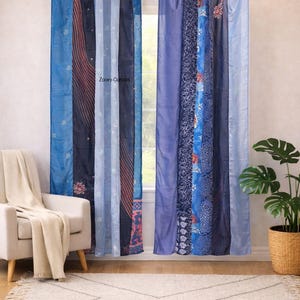 Rideau de fenêtre sari en soie indienne vintage bleu bohème fait main rideaux bohèmes panneau salon chambre