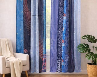 Blue Boho Vintage Indian Silk Sari Window Curtain Handmade Bohemian Drapes Panel Livingroom Bedroom