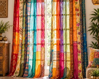Boho Patchwork Silk Sari Curtain Vintage Indian Window Panel Handmade Bohemian Home Decor Drapes