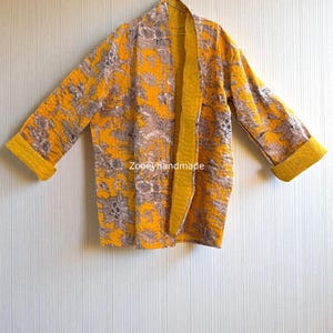 Indian Vintage Cotton kantha Quilted Handmade Jacket Mustard Color Floral Print Women Coat jacket