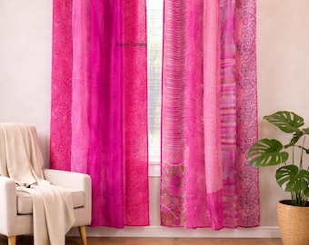 Pink Boho Vintage Indian Silk Sari Window Curtain Handmade Bohemian Drapes Panel Livingroom Bedroom