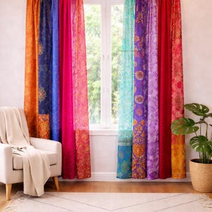 Multicolor Boho Vintage Indian Silk Sari Window Curtain Handmade Bohemian Drapes Panel Bedroom Livingroom