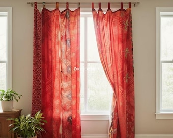 Red Silk Blend Patchwork Curtain – Boho Window Decor (210x105 cm)