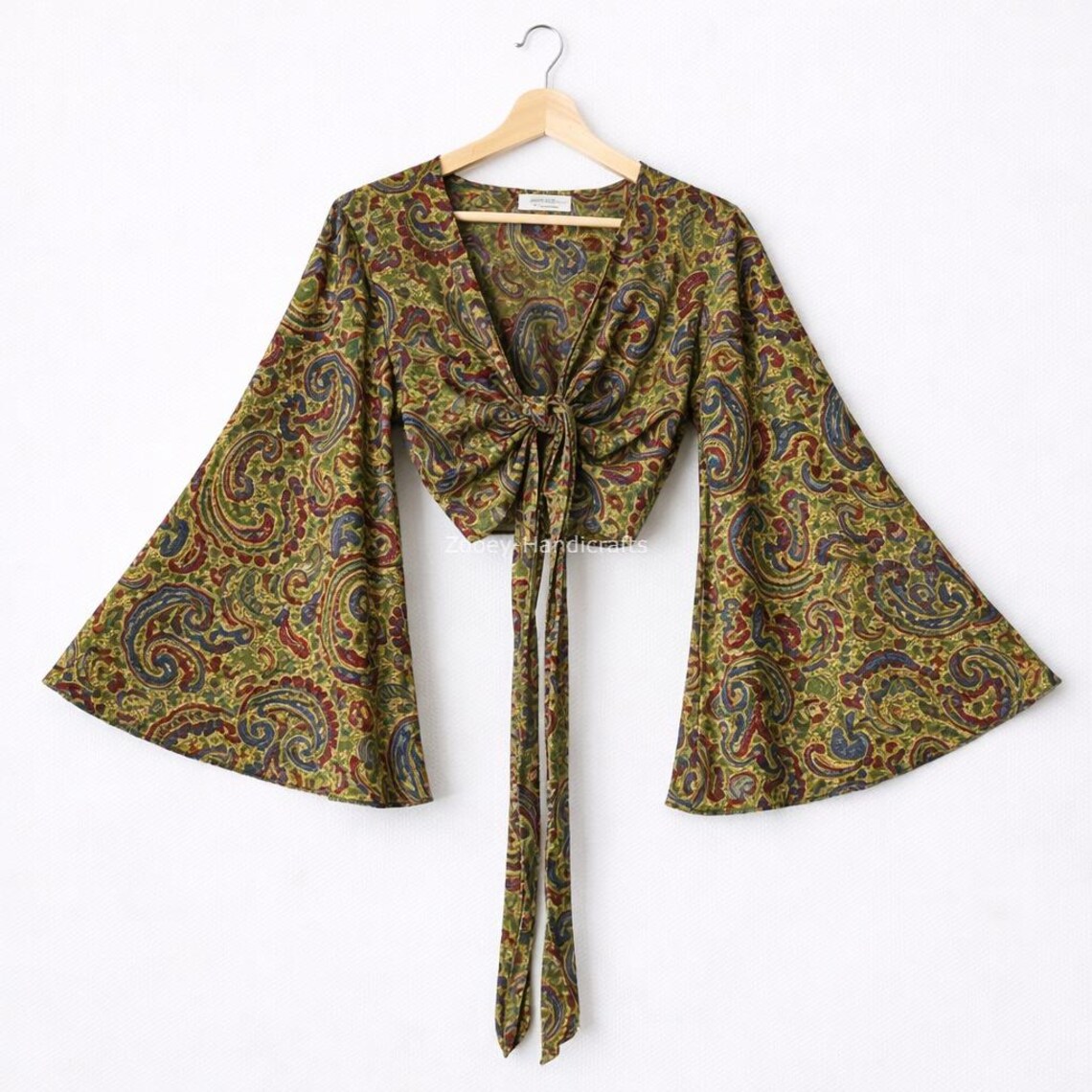 Upcycled Vintage Silk Sari Crop Top Boho Sustainable Indian Wrap Blouse Festival Unique Handmade, foto 4 di 5