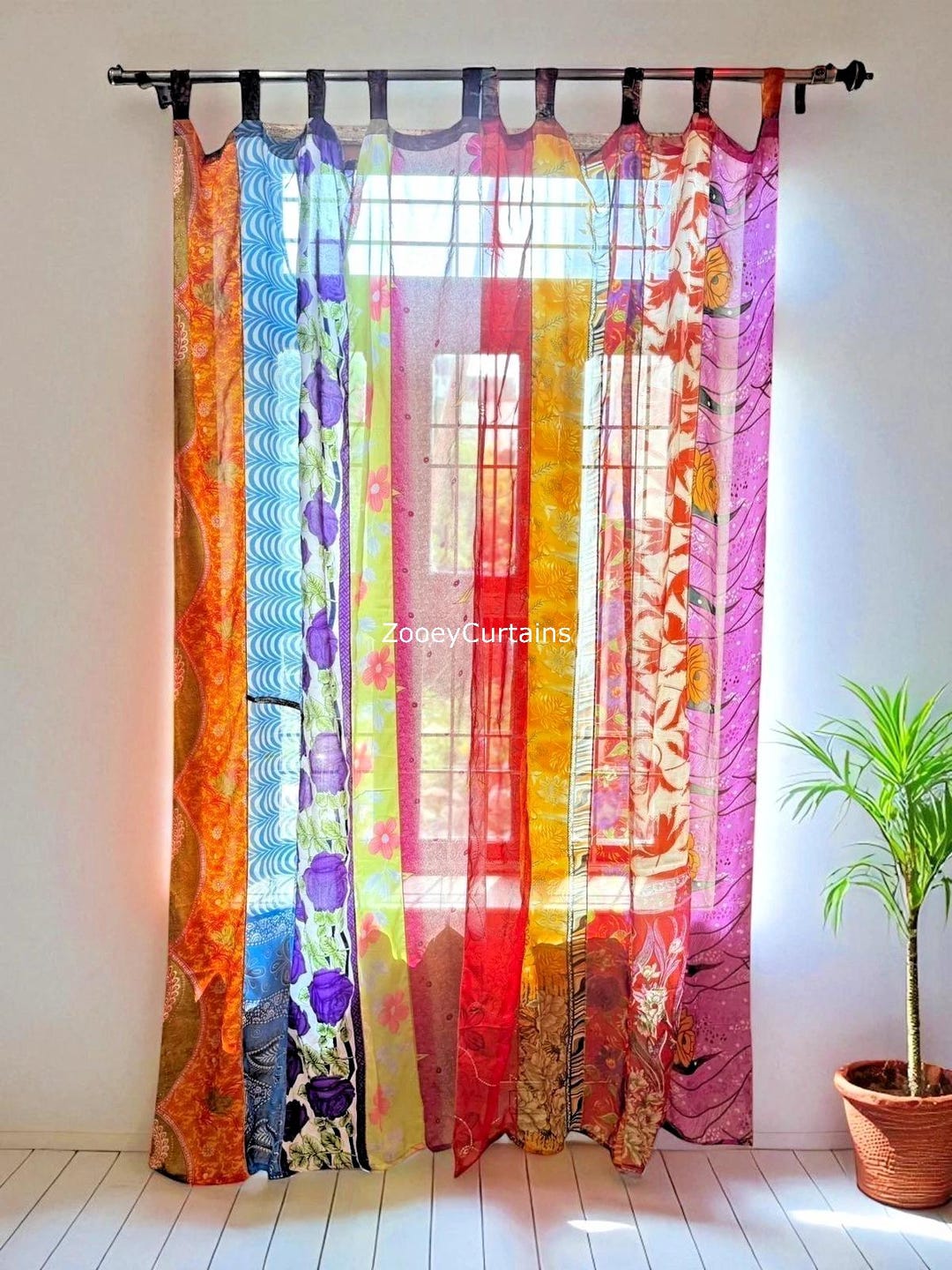 Boho Patchwork Silk Sari Curtain Vintage Indian Window Panel Handmade ...